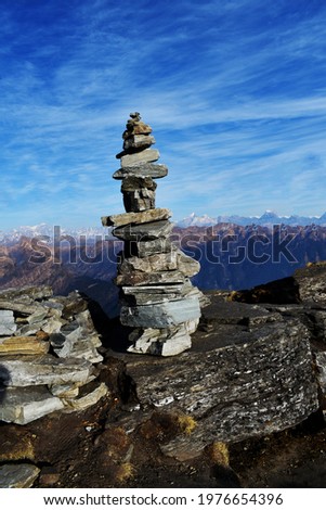  Stone pyramid at mountain peak, photography mountain view and nature art, Tungnath, Uttrakhand .