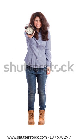 Funny girl holding an alarm clock