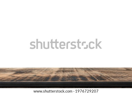 Empty old wood table on isolated white background with display montage for product,vintage dining table made of darkened wood.with clipping path