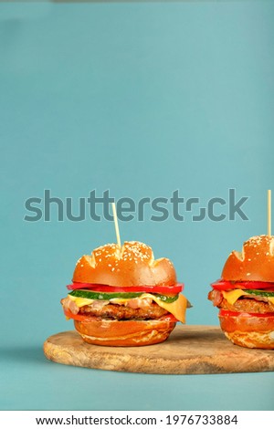 Fresh, colored appetizing burger on a wooden board. turquoise background, vintage color. copy space