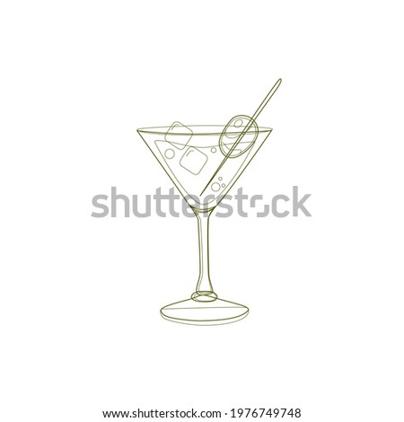 One martini glass with olive in the contour line style isolated on a white background