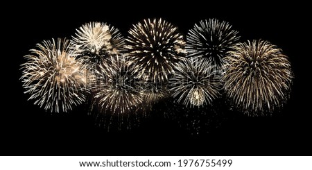 Golden fireworks on black night sky background isolated closeup, gold color firecracker pattern, yellow salute backdrop, holiday banner, celebration border, festive concept, design element, copy space