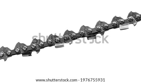 New metal chain saw pattern isolated on white background. Chain links with high magnification.