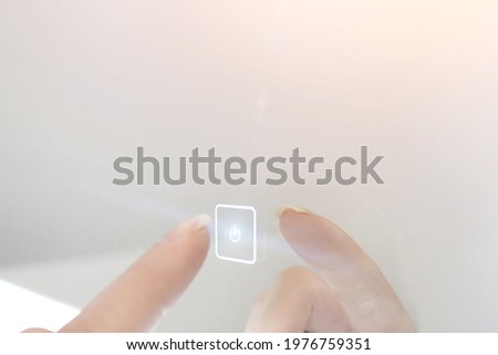 The hand presses the button, Hand pressing modern social buttons. Innovation technology internet business concept. Space for text