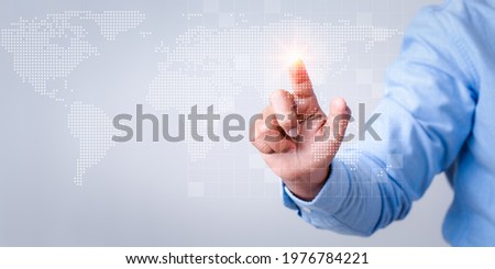 Business hand touching screen technology network connection background diagram on world map copy space creative innovation digital data global internet connection business concept background.