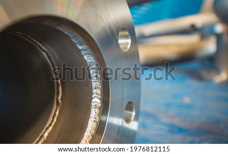 Stainless steel piping flange valve component GTAW TIG welded joint pressure vessel fabrication Royalty-Free Stock Photo #1976812115