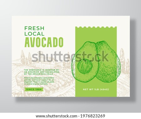 Vegetables Food Label Template. Abstract Vector Packaging Design Layout. Modern Typography Banner with Hand Drawn Avocado and Rural Landscape Background. Isolated.