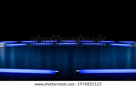 A black reflective stage setting with silver designs lit by a circular arrangement of blue neon fluorescent lights - 3D render