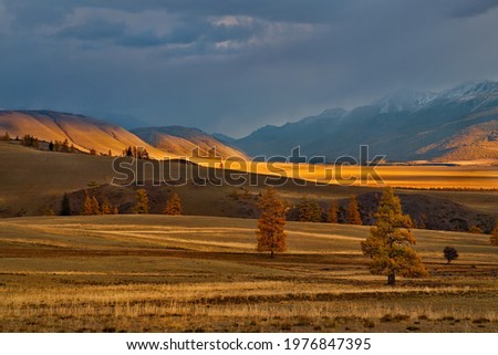 Russia. Gloomy sunset in the Altai mountains. Late autumn at the North-Chuya mountain range in the heart of the Kurai steppe. Royalty-Free Stock Photo #1976847395