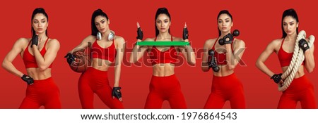 Collage of different photos of professional sportswoman, athlete in action and motion isolated on red background. Flyer. Concept of sport, achievements, competition, championship. Beautiful woman.