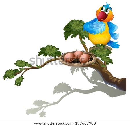 Illustration of a parrot watching the eggs in the nest on a white background