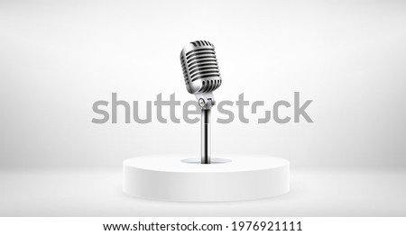 Bright round stage with microphone. Microphone on a podium