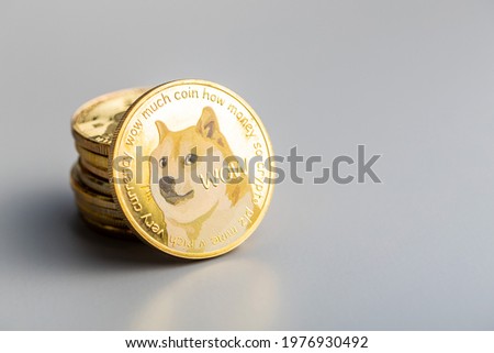 Golden dogecoin coin. Cryptocurrency dogecoin. Doge cryptocurrency on grey background. Royalty-Free Stock Photo #1976930492