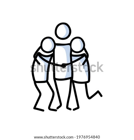 Drawn stick figure of 3 friends hugging. Support of young people embrace together illustrated vector sketchnote. 