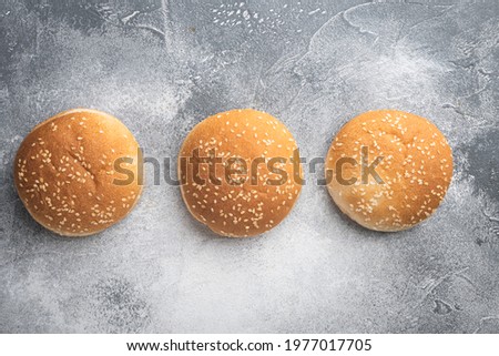 Hamburger bread Homemade Brioche Hamburger Buns set, on gray background, top view flat lay, with copy space for text