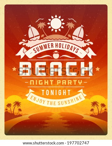 Retro summer party design poster or flyer. Night club event typography. Vector template illustration. 