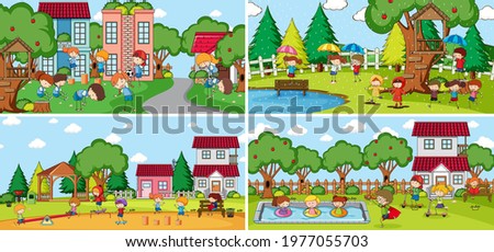 Outdoor scene set with many kids doodle cartoon character illustration