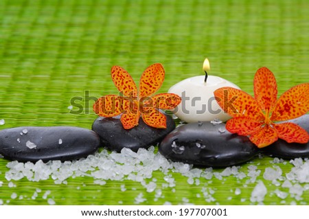 Orchid on black stone with pile of salt ,candle on green straw mat 