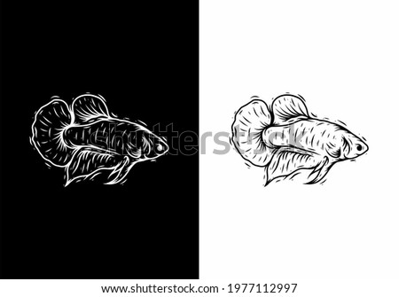 Black and white line art drawing of Betta fish design