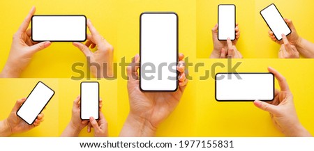 Collage of photos with mobile phone in hand on yellow background
