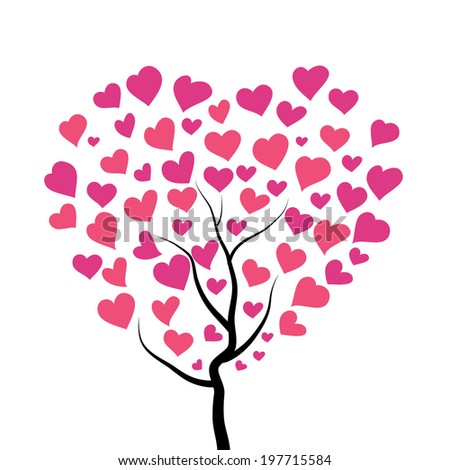 Tree with pink leaves in the shape of heart hand drawn