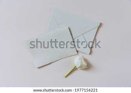 Still life scene with white tulip flower on beige background and blank business, greeting card, invitation mockup with envelope. Top view.