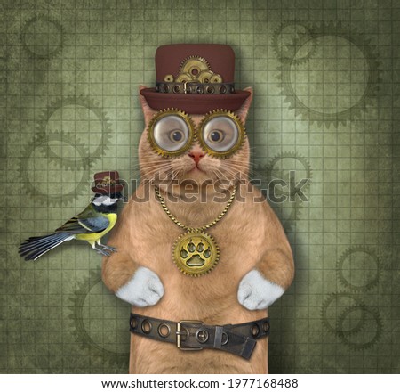 A cat reddish steampunk is in a hat, a metal bow tie and glasses. Green background.