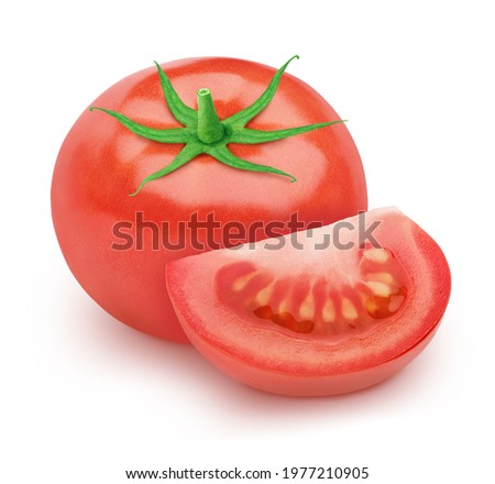 Vegetable composition with fresh red tomatoes isolated on a white background.