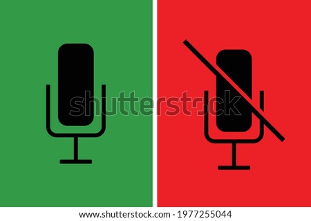 Mute and unmute audio microphone vector black icons with green and red background for video apps and websites.eps