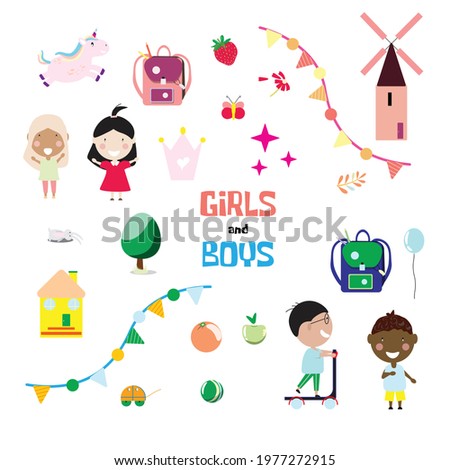 Collection of school boys and girls items. Vector illustration. 