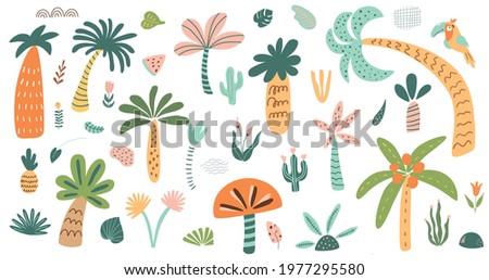 Cute palm tree isolated set. Stylized palm tree collection. Childish safari tree Forest elements. Jungle tropical trees. Kids hand drawn nature landscape clip art. Funny baby vector illustration.