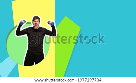 Young man in black sports uniform with hand weights isolated on blue background. Collage