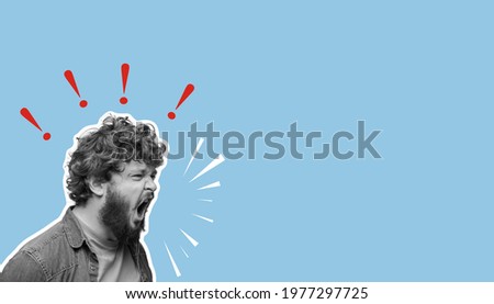 Collage of angry shouting young man with exclamation marks isolated over blue background