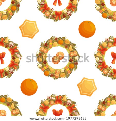 Cute seamless pattern with Christmas wreaths with sweet treats and bows. White background. Flat style illustration.