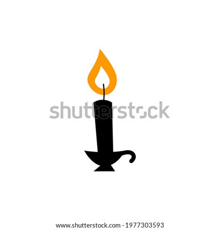 Old fashioned lighted candle, candlestick on flat holder icon for apps and websites.