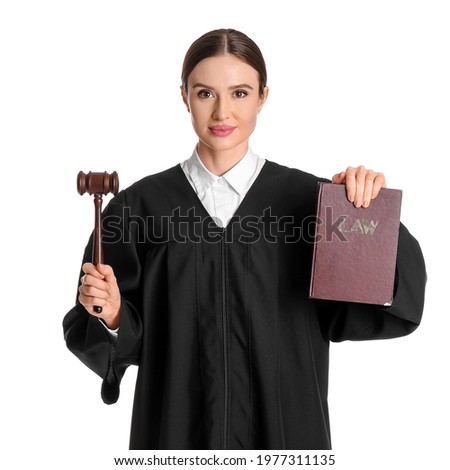 Female judge with book and gavel on white background