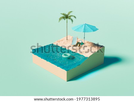 cube with isometric beach with umbrella and palm tree on turquoise background. 3d render