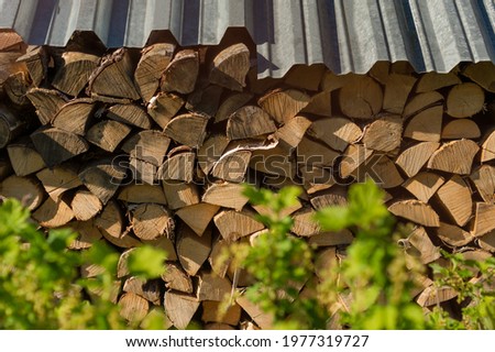 Stacked firewood close-up. Firewood storage, Stocks of wooden logs. Logging in the village. Rustic lifestyle. Wooden texture