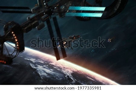 Space station at deep space orbiting planet. Sci-fi art. Image elements furnished by NASA