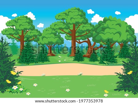 Fairytale background with trees, butterflies, flower and mushroom meadow, path, mountains and blue sky in cartoon style. Vector illustration.