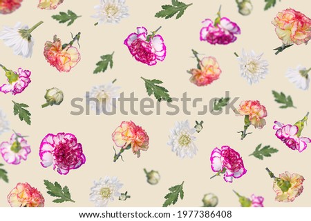 Beautiful spring or summer pattern made with different flying flowers and leaves, trendy floral layout. Creative Minimal concept of nature, Birthday, Mother's, Valentines, Women's, Wedding Day.