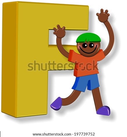 A 3d happy cartoon boy standing next to a giant letter F.