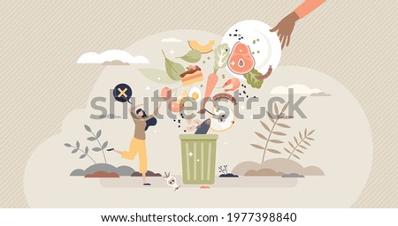 Food waste and meal leftovers garbage reduce awareness tiny person concept. Throw away groceries in trash after shelf life end vector illustration. Bad attitude to environment and nature resources. Royalty-Free Stock Photo #1977398840