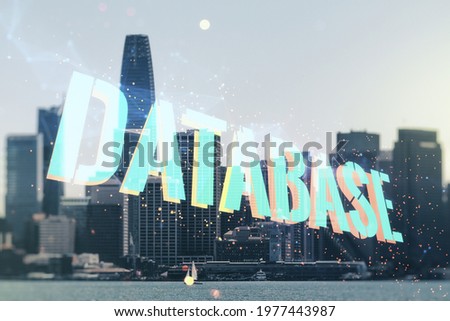 Double exposure of creative Database word hologram on San Francisco city skyscrapers background, research and development concept