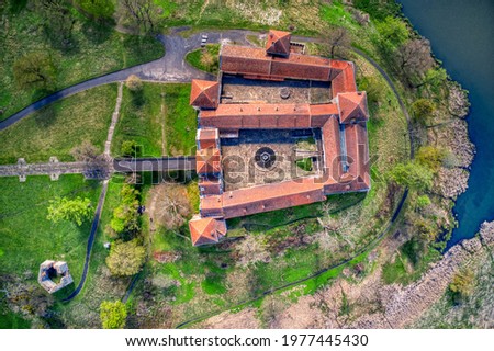 An aerial shot of Svirzh Castle in Ukraine