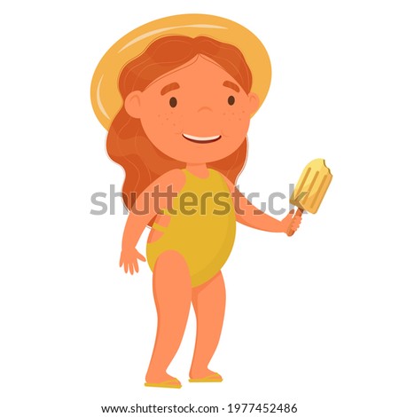 Red-haired girl in a hat and a swimsuit eats a popsicle on a stick. Summer illustration on the beach isolated on white background. Vector illustration of a cute little girl feeling happy with her ice