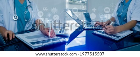 Double exposure of healthcare And Medicine concept. Doctor using digital tablet with laptop and modern medicine virtual screen interface icons tech screen.