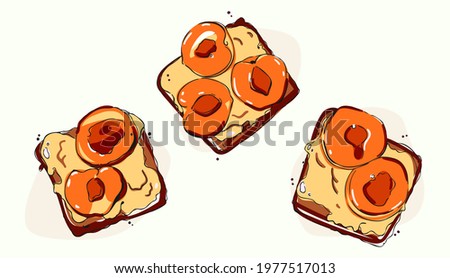 A set of three illustrations of hot breakfasts. Sandwiches for the morning. Delicious snacks. Images of delicious instant food. Peaches with cheese on bread. Fruit toast.