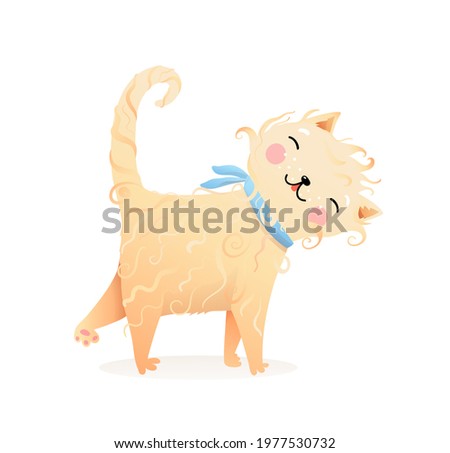Cute curly fur cat or kitten purr cartoon, domestic kitty animal illustration for children, kind and friendly kids picture. Watercolor style illustration.