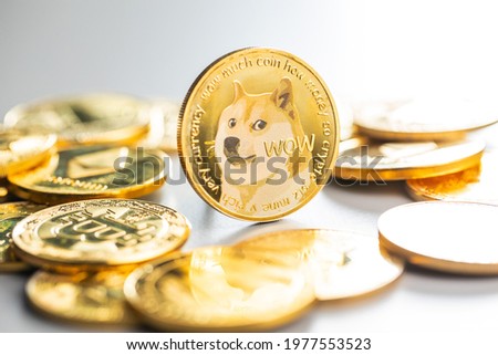 Golden dogecoin coin. Cryptocurrency dogecoin. Doge cryptocurrency. Royalty-Free Stock Photo #1977553523